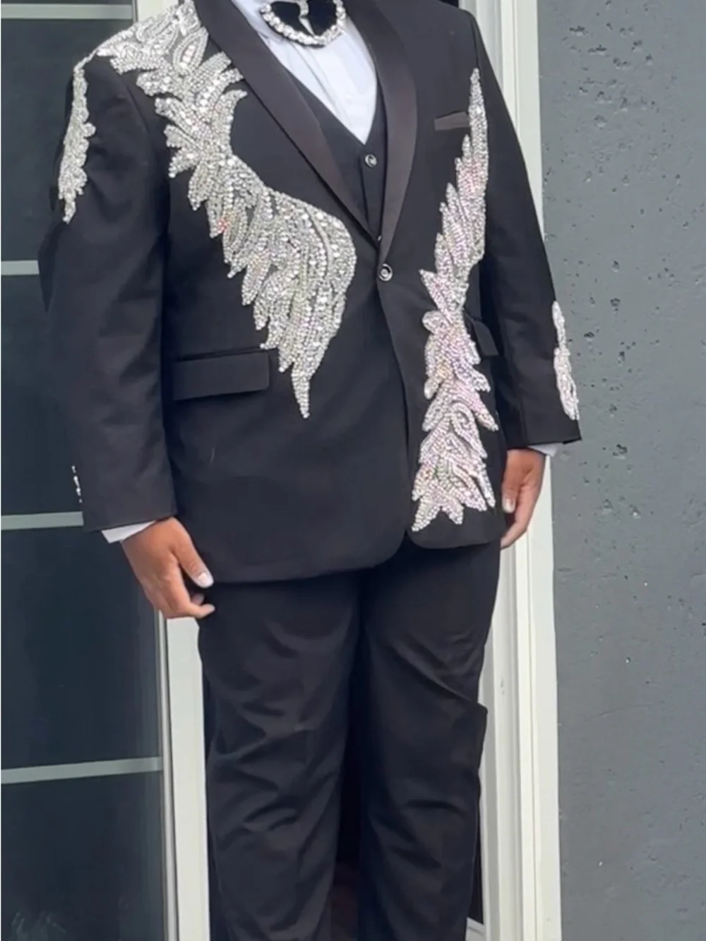 Men's Black Blazer with Silver Crystal Embellishment